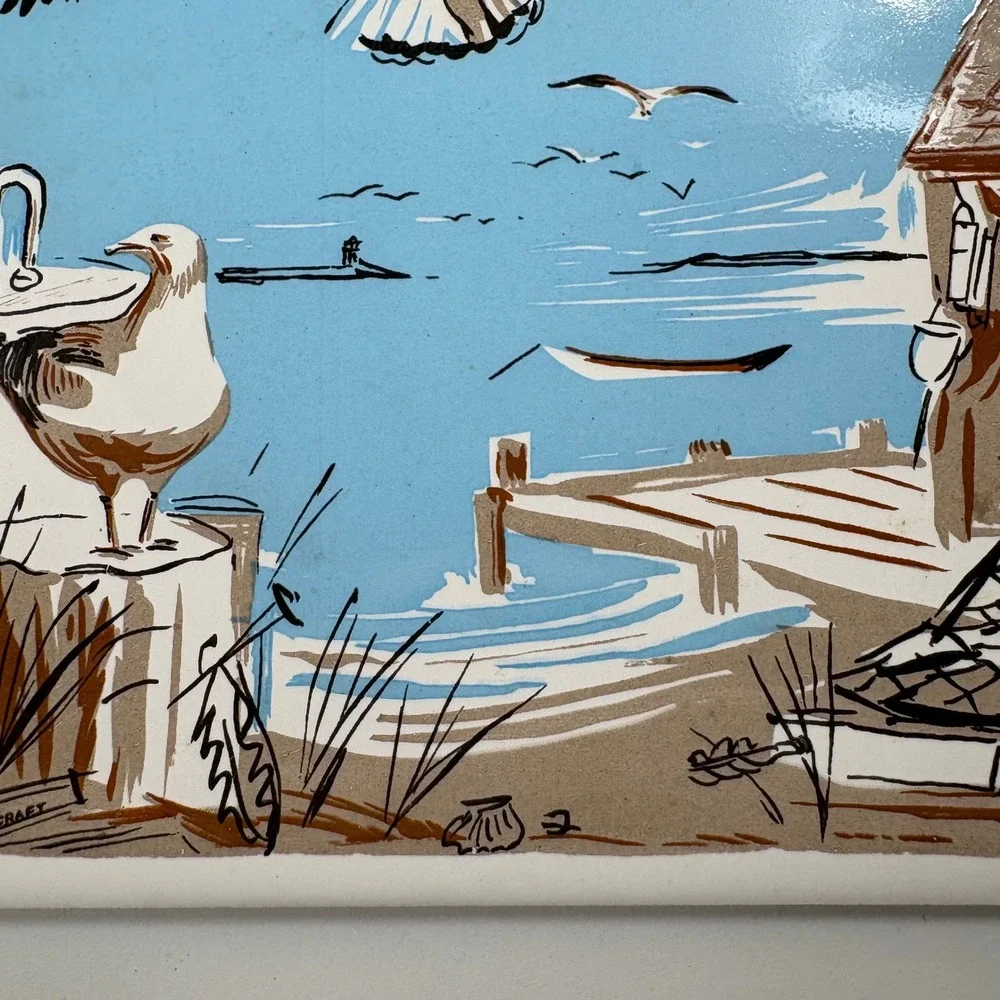 Vintage Screen Craft Seagull‎ Ceramic Tile Coastal Wall Art Hand Decorated
